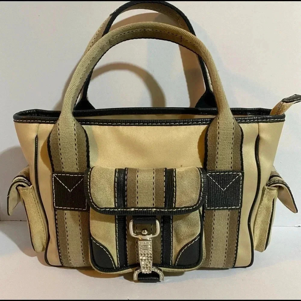 Michael kors beige nylon canvas suede leather satchel bag